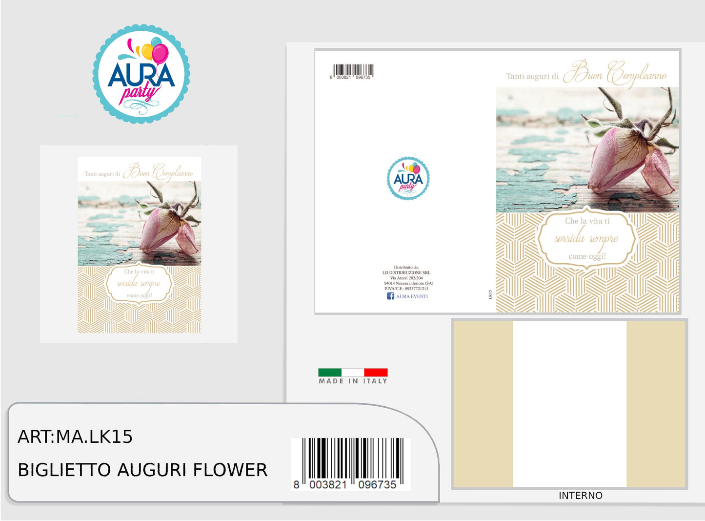 Biglietto buon compleanno con rose e stampa in oro