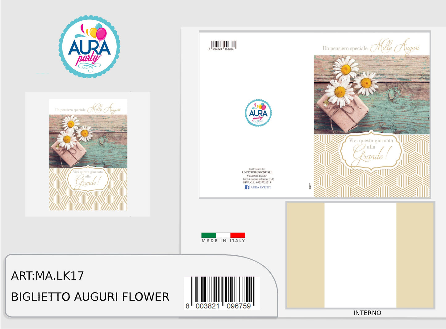 Biglietto buon compleanno con margherite e stampa in oro