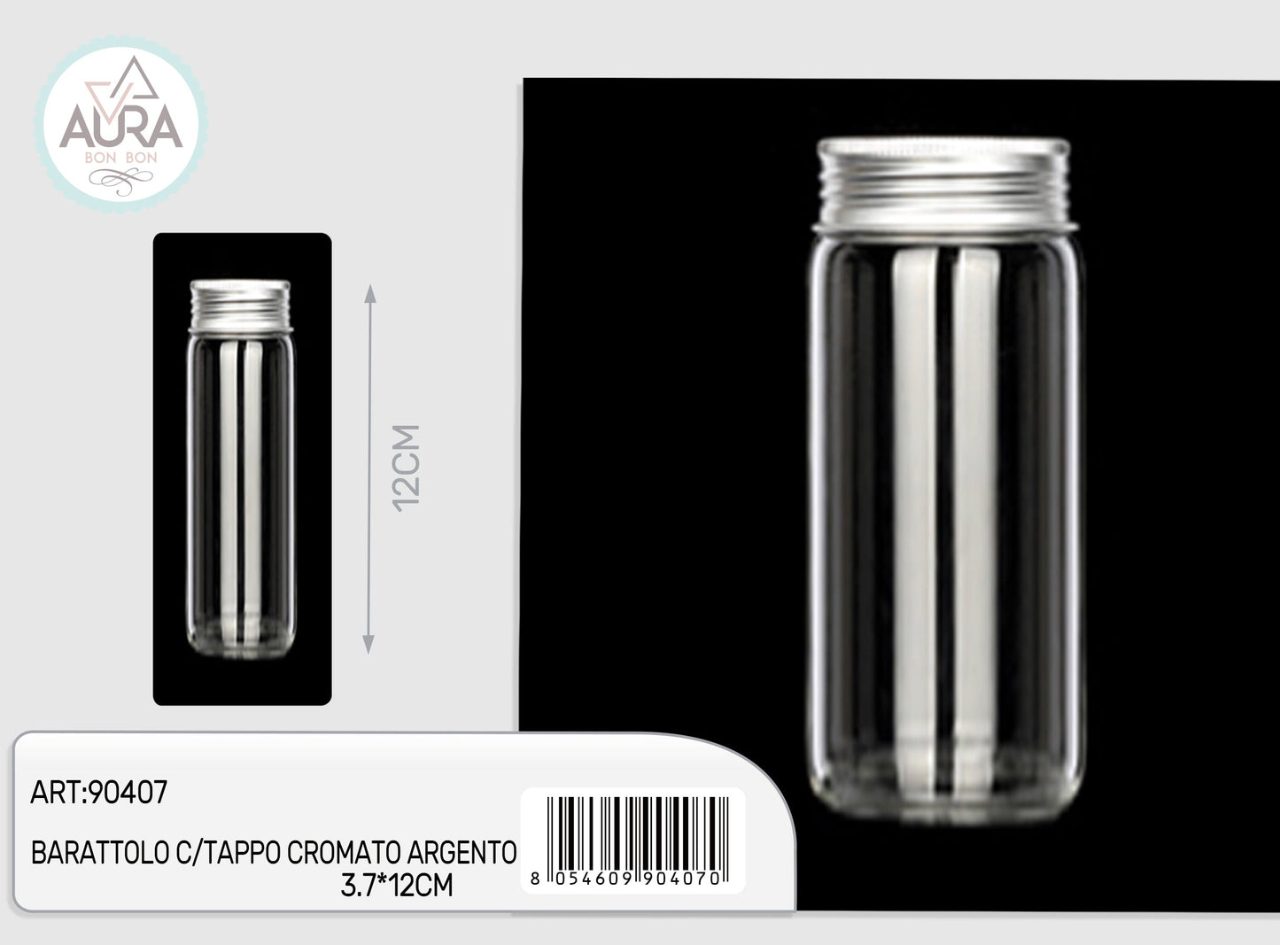 barattolo in vetro con tappo cromato argento 3,7x12cm