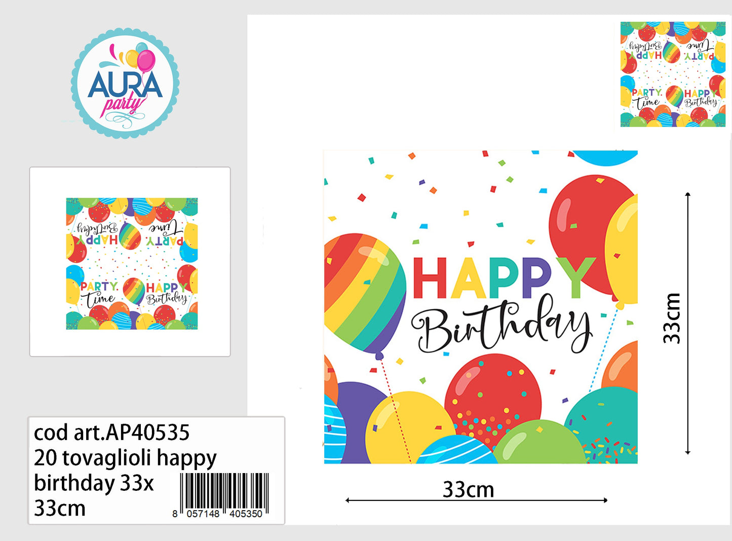 16 tovaglioli happy birthday 33x33cm multicolore