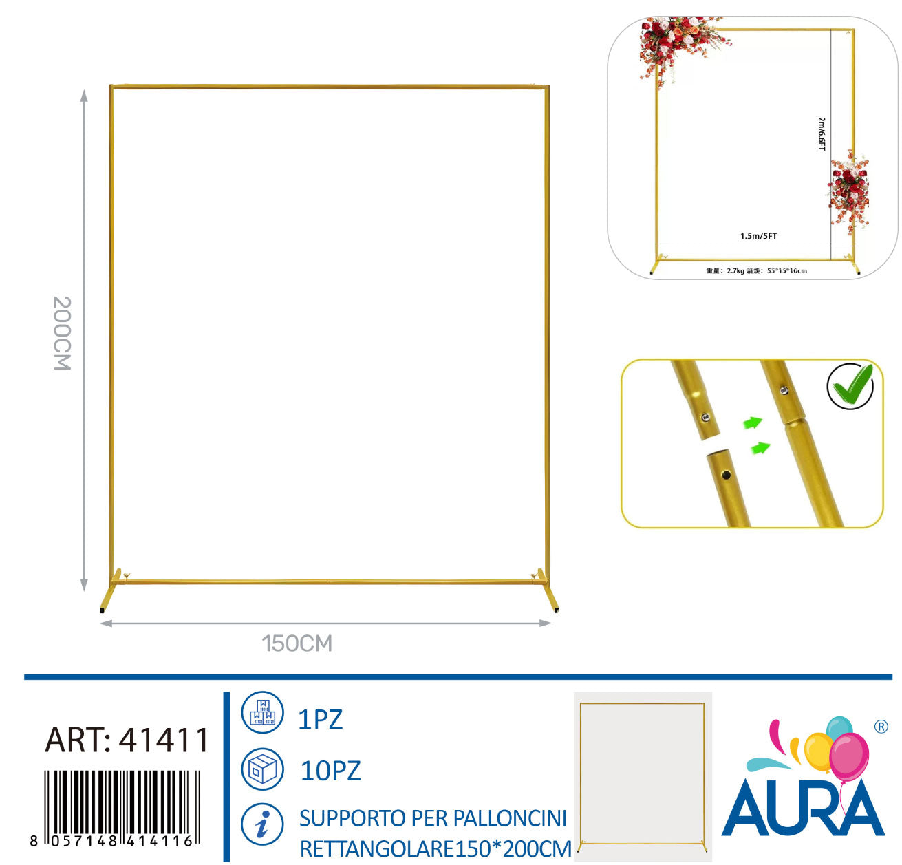 Supporto per palloncini rettangolare 150x200cm oro