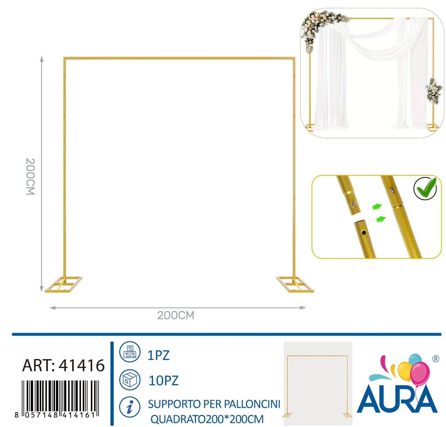 Supporto per palloncini quadrato 200x200cm oro