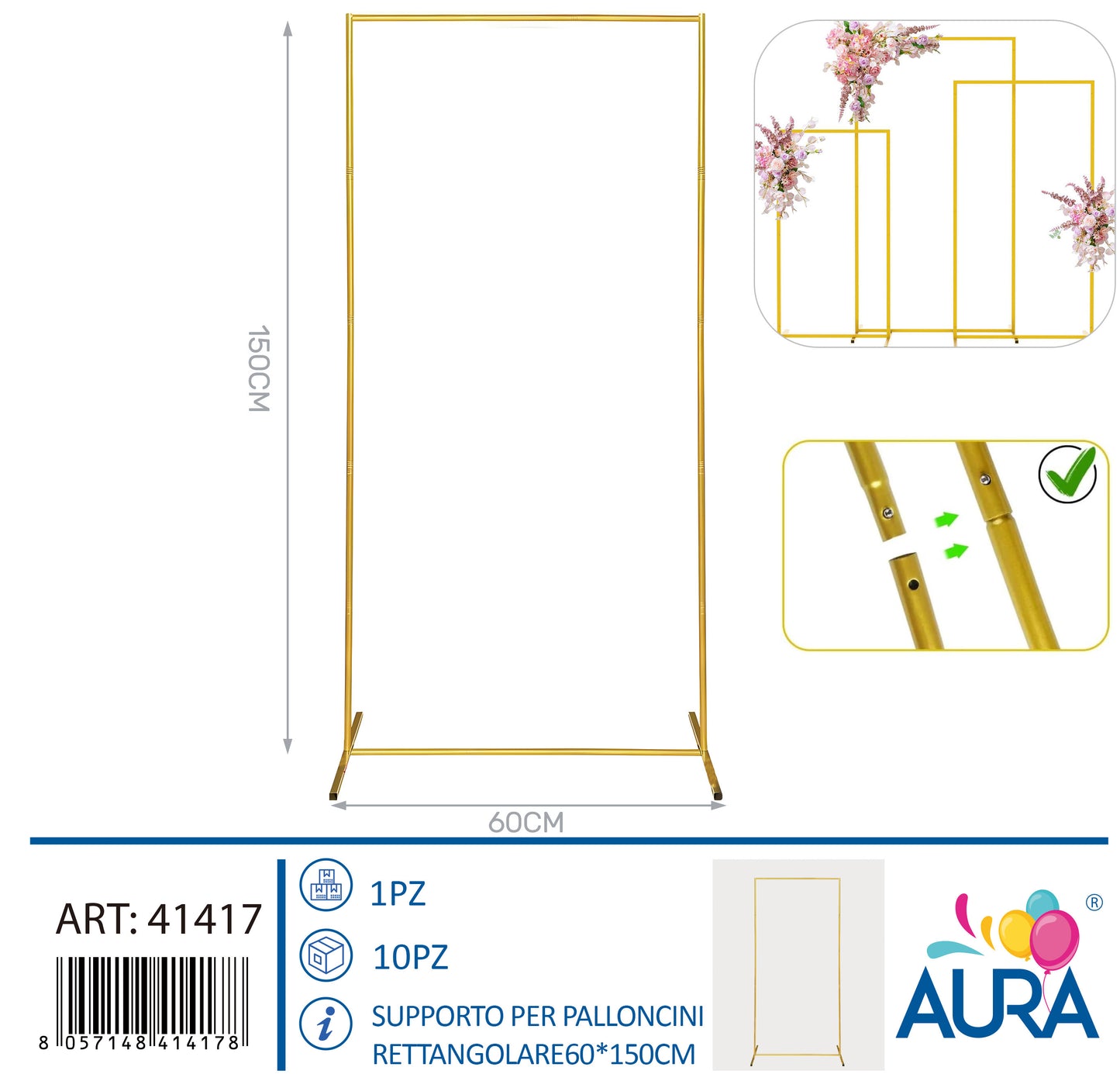 Supporto per palloncini rettangolare 60x150cm oro