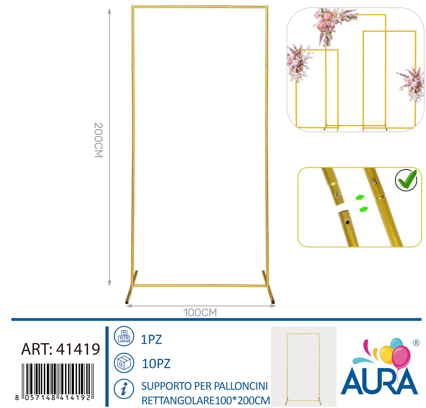 Supporto per palloncini rettangolare 100x200cm oro