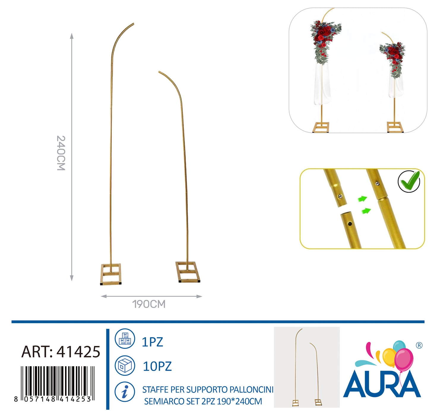 Staffe per supporto palloncini semiarco set 2pz 190x240cm oro
