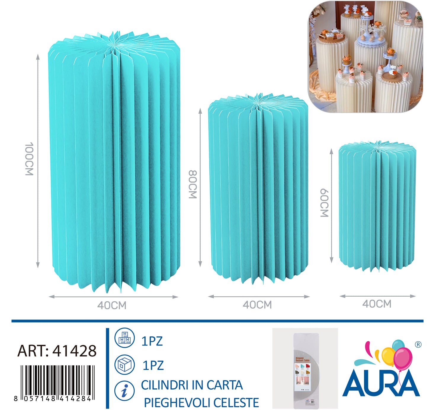Set 3 cilindri in carta pieghevoli 40x60 - 40x80 - 40x100cm celeste