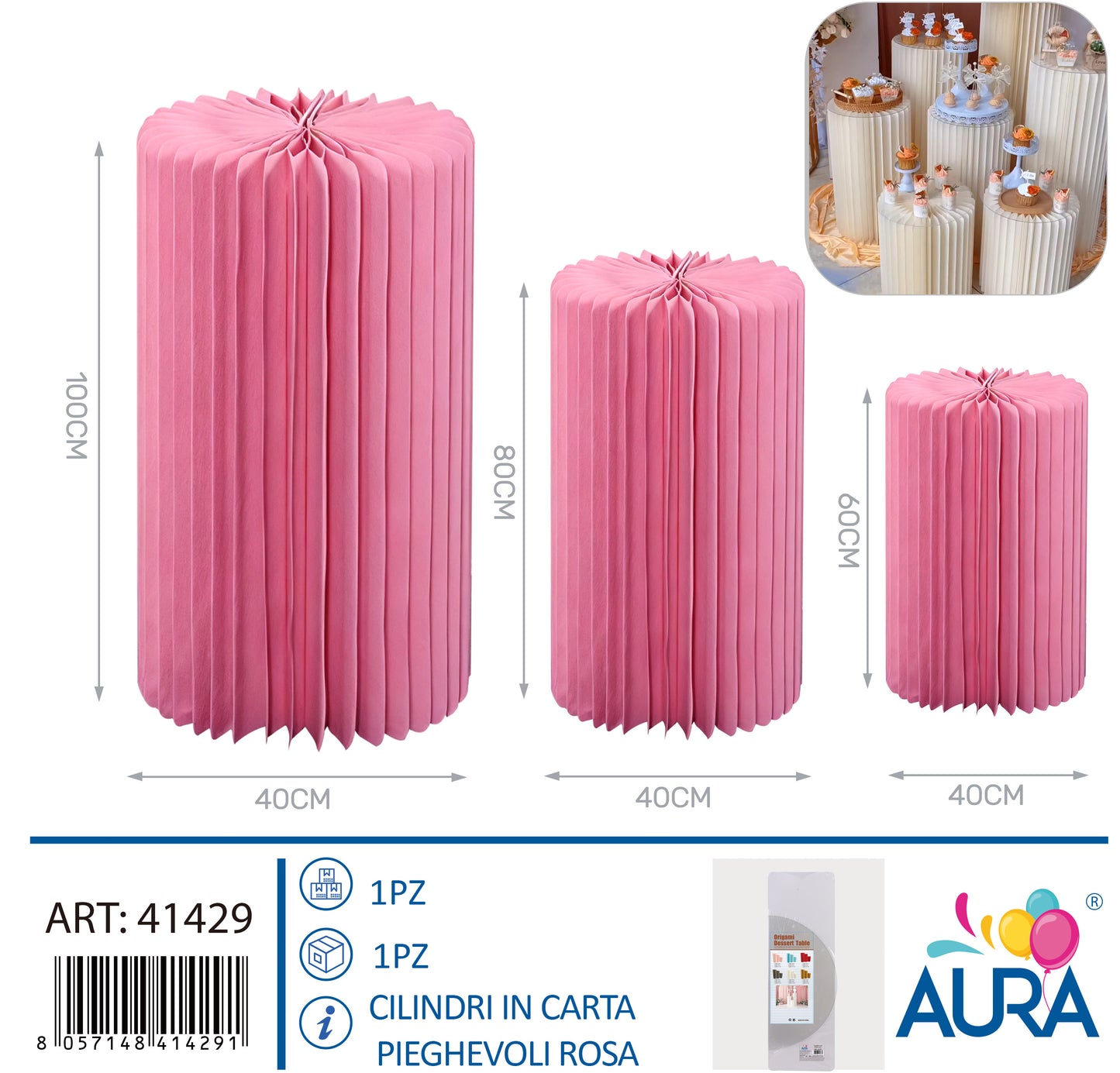 Set 3 cilindri in carta pieghevoli 40x60 - 40x80 - 40x100cm rosa