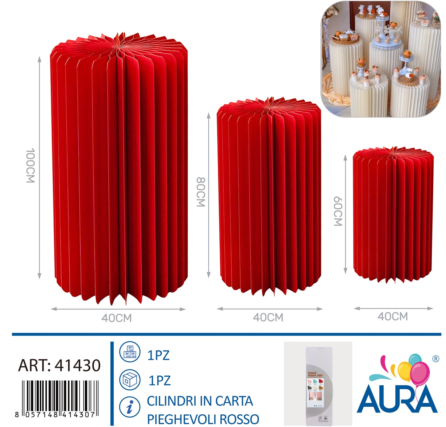 Set 3 cilindri in carta pieghevoli 40x60 - 40x80 - 40x100cm rosso