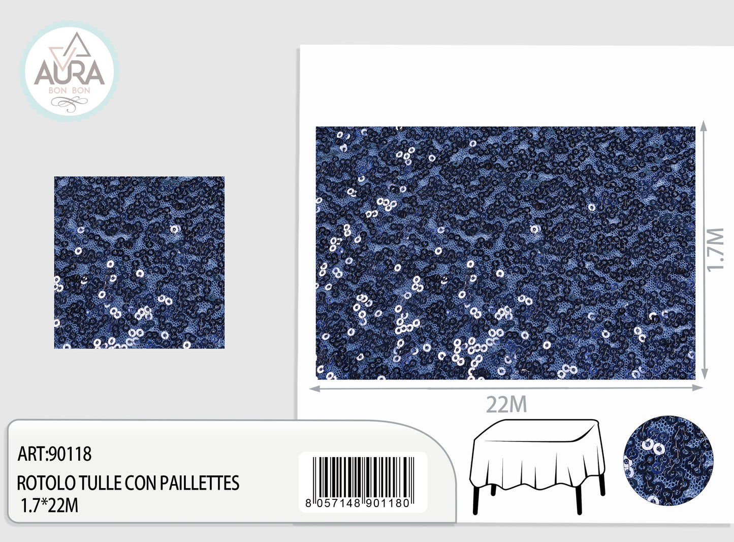 Tulle con paillettes 1,7m di larghezza blu scuro