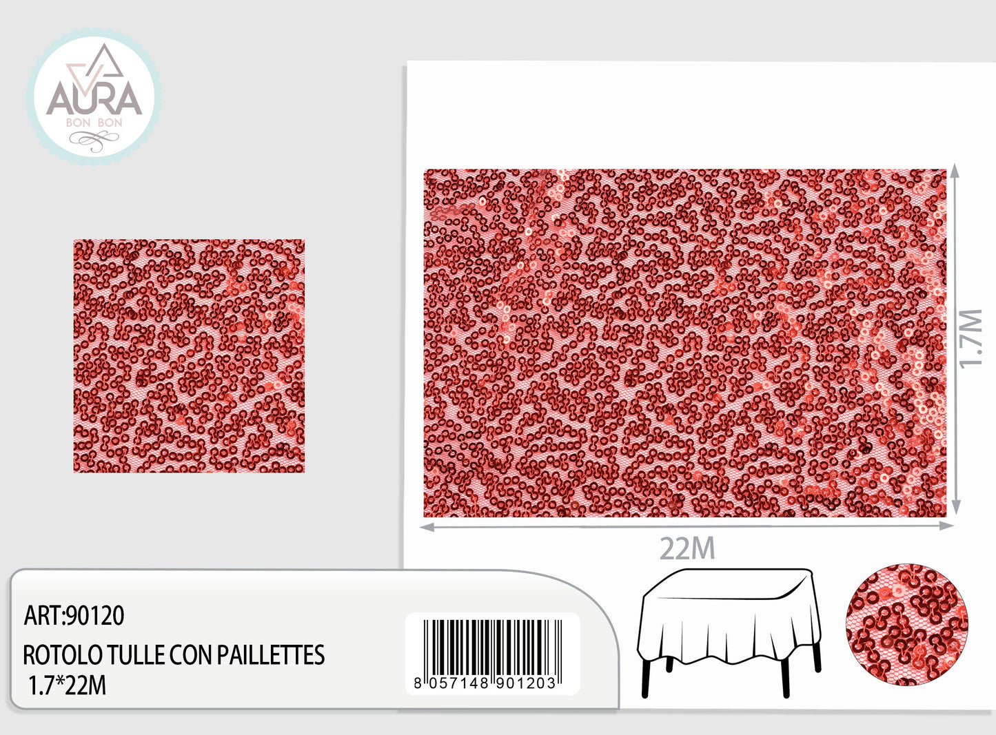 Tulle con paillettes 1,7m di larghezza rosso