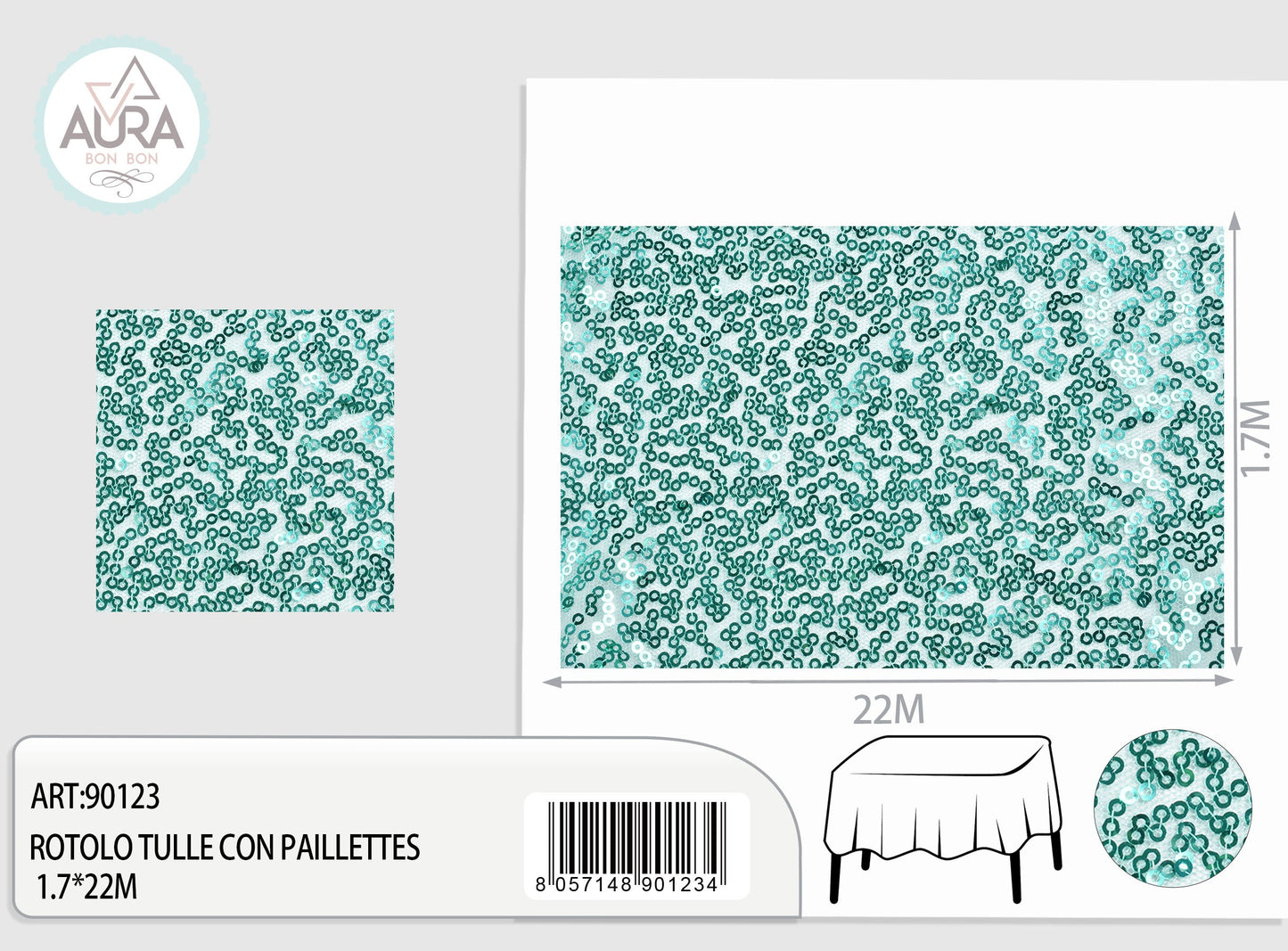 Tulle con paillettes 1,7m di larghezza tiffany