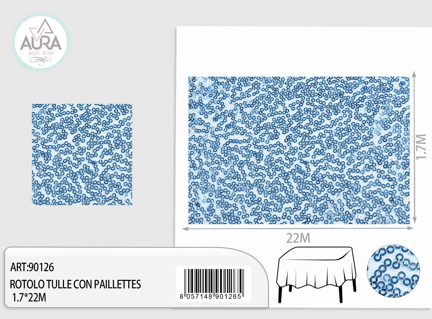 Tulle con paillettes 1,7m di larghezza azzurro