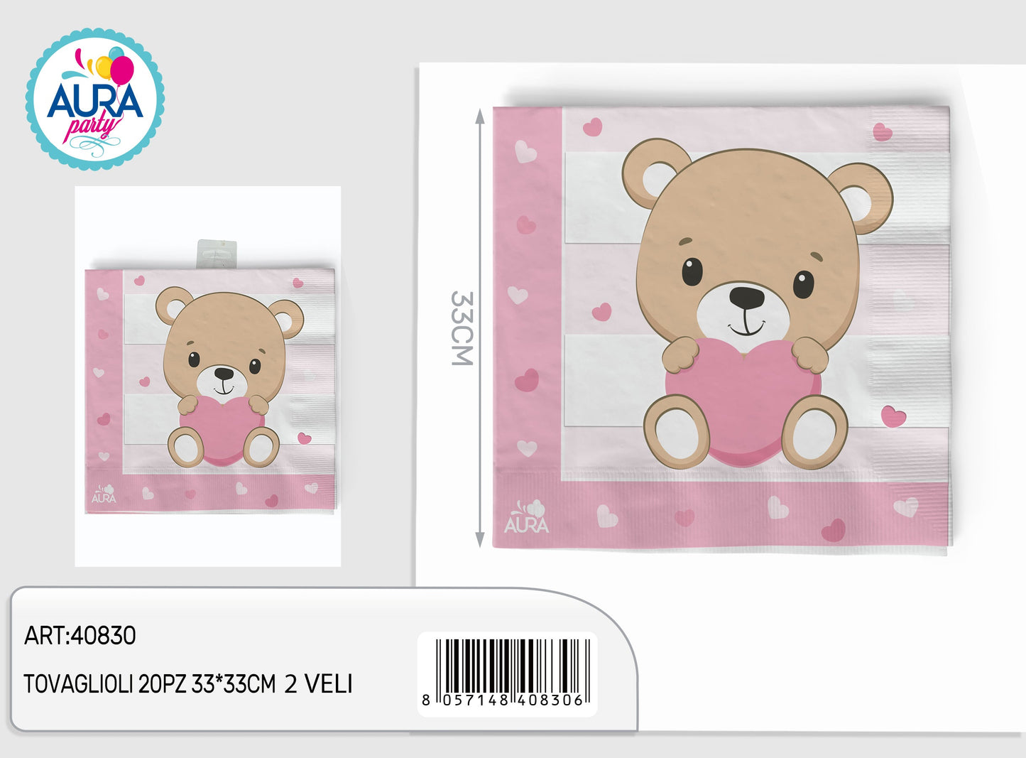 tovaglioli orsetto 33x33cm rosa 20pz