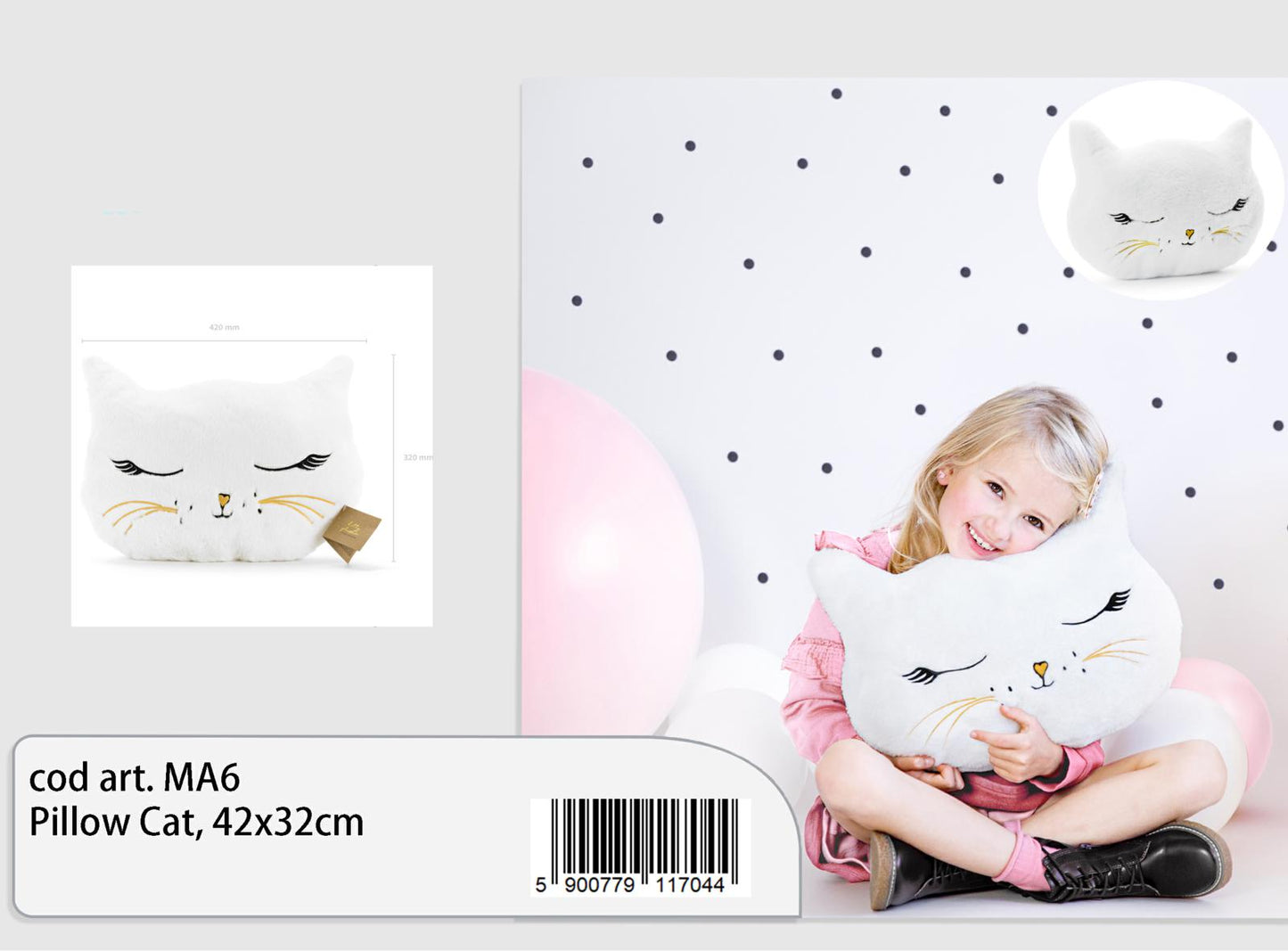 Cuscino gattino bianco in peluche 42x32cm