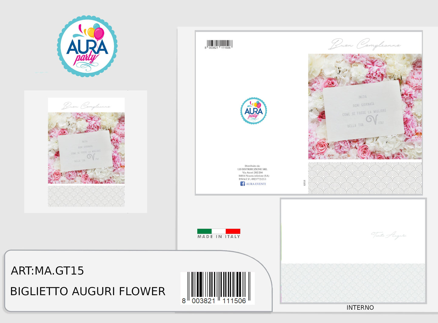 Biglietto buon compleanno con rose e stampa in argento