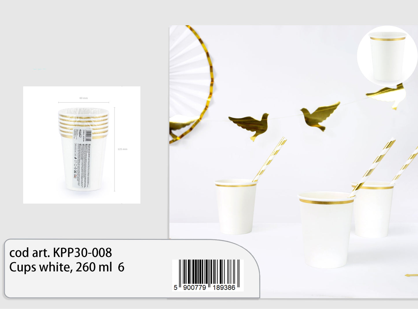 Bicchieri bianchi con riga oro 260ml 6pz