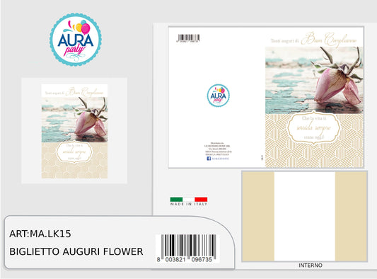 Biglietto buon compleanno con rose e stampa in oro