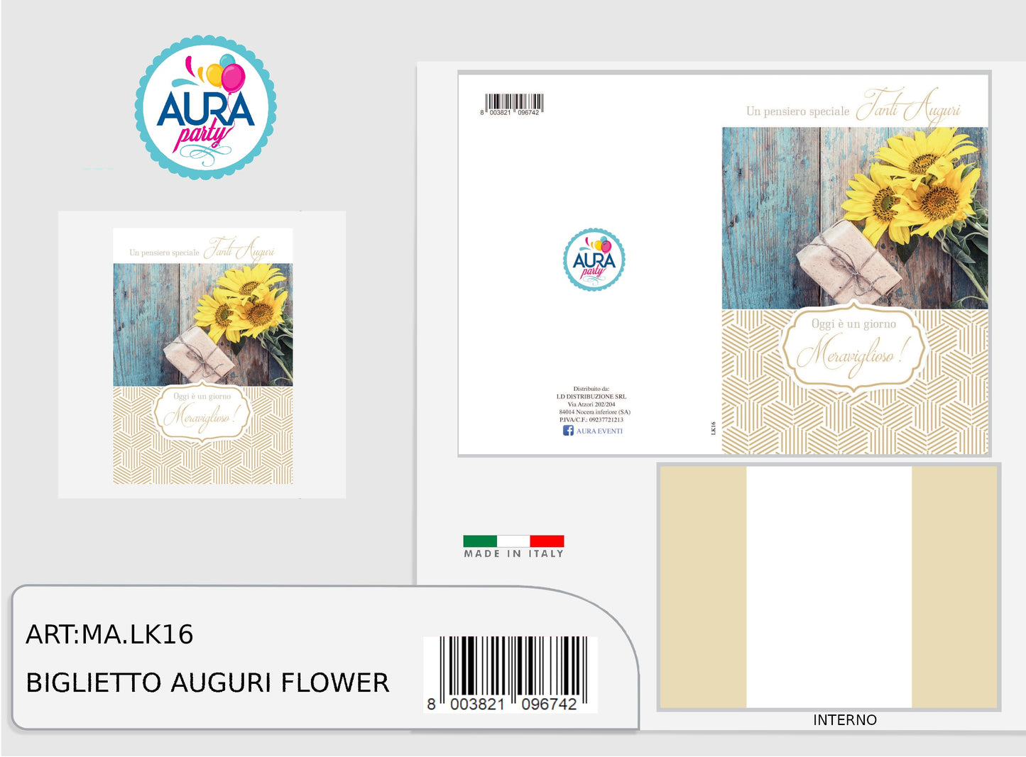 Biglietto buon compleanno con girasoli e stampa in oro