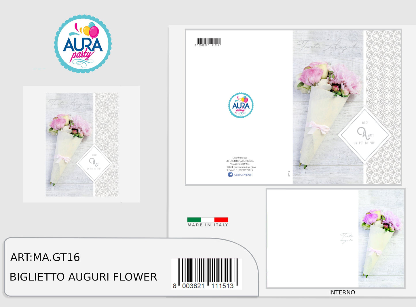 Biglietto buon compleanno con fiori e stampa in argento