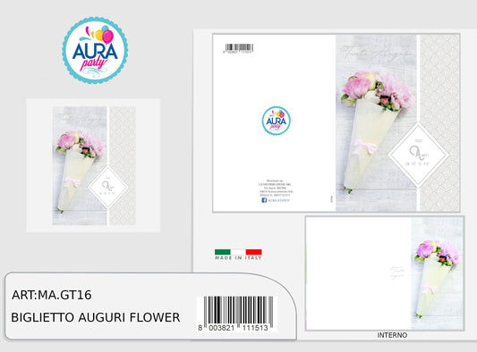 Biglietto buon compleanno con fiori e stampa in argento