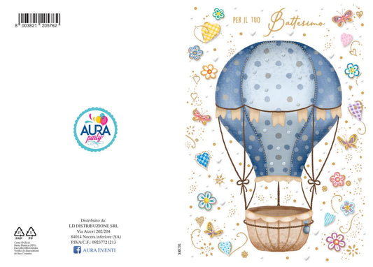 Biglietto di auguri per battesimo con mongolfiera bimbo