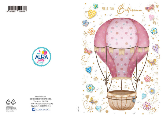 Biglietto di auguri per battesimo con mongolfiera bimba