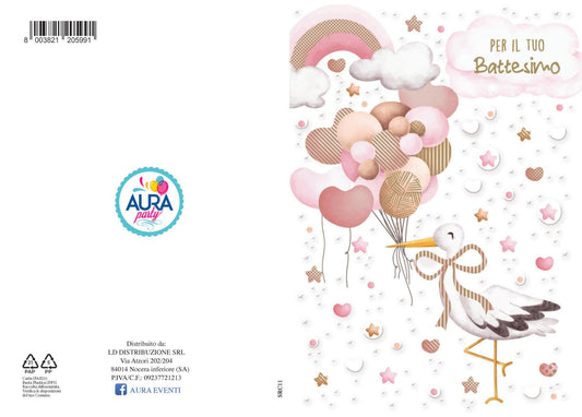 Biglietto di auguri per battesimo con cicogna bimba