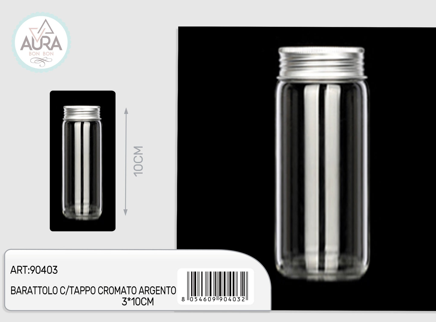 barattolo in vetro con tappo cromato argento 3x10cm