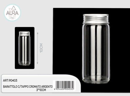 barattolo in vetro con tappo cromato argento 3x10cm