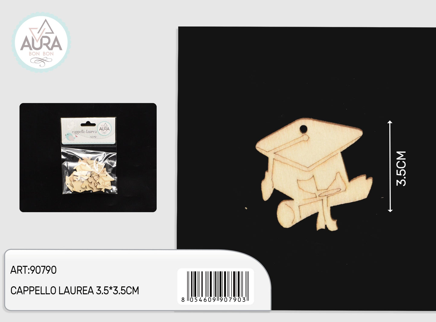 Tag bianco in legno naturale cappello laurea 3,5x3,5cm 12pz