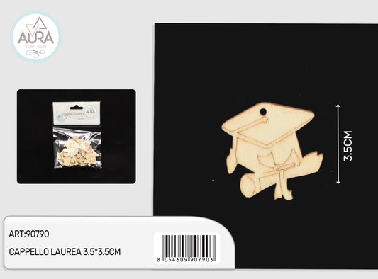 Tag bianco in legno naturale cappello laurea 3,5x3,5cm 12pz
