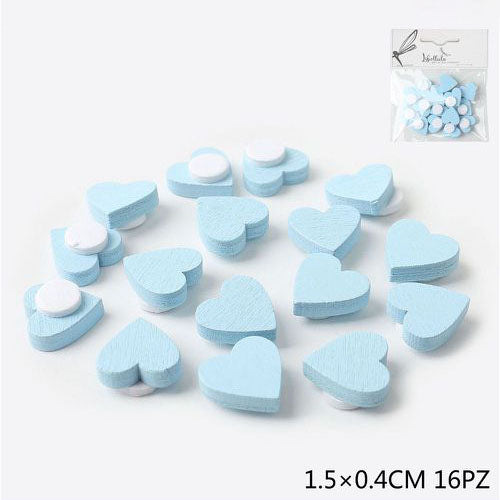 Cuori azzurro in legno con adesivo 1,5cm 16pz