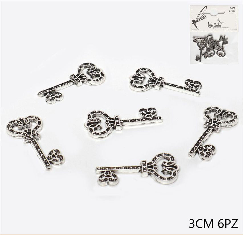 Ciondolo chiave in metallo color argento 3cm 6 pz