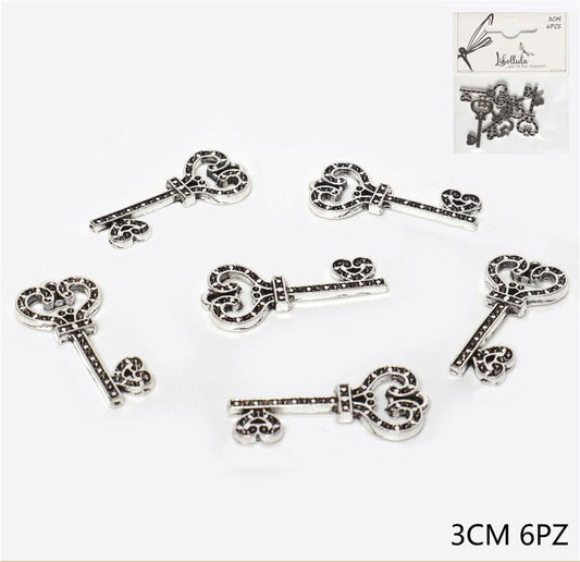 Ciondolo chiave in metallo color argento 3cm 6 pz