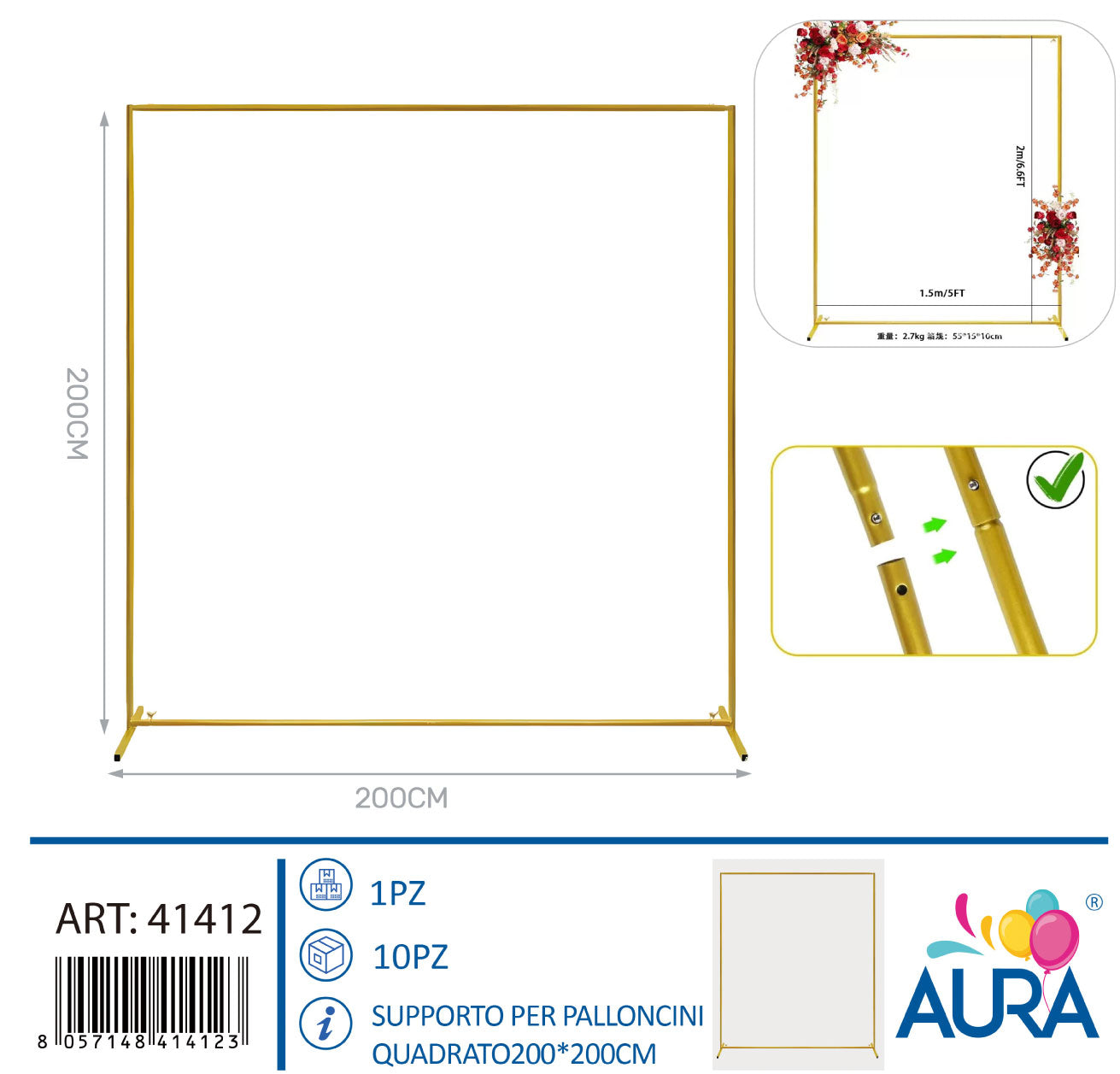 Supporto per palloncini quadrato 200x200cm oro