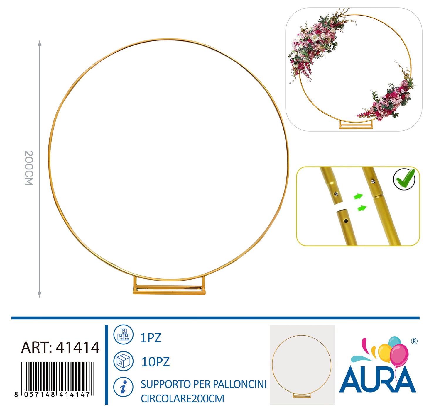 Supporto per palloncini circolare 200cm oro