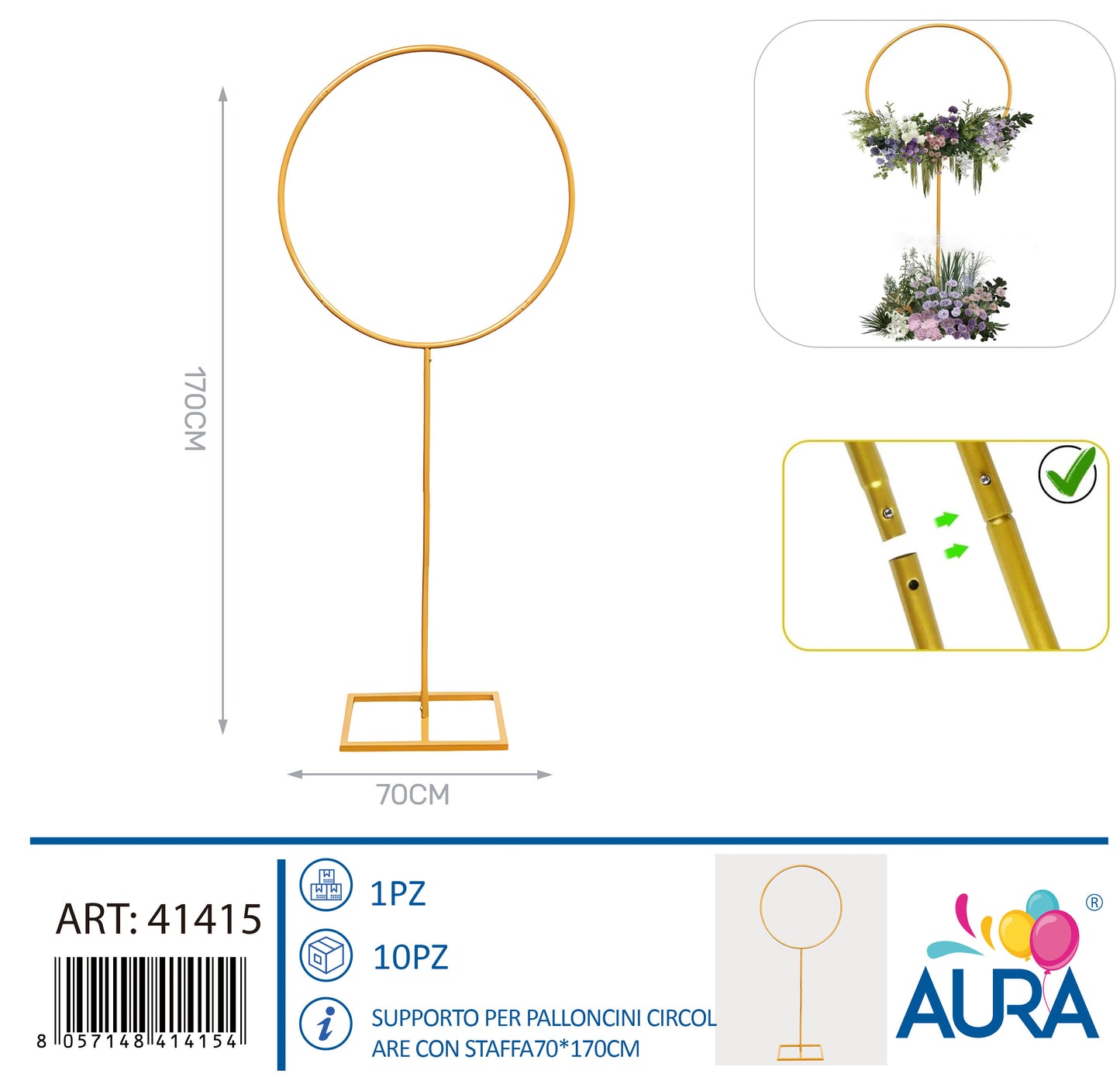 Supporto per palloncini circolare con staffa 70x170cm oro