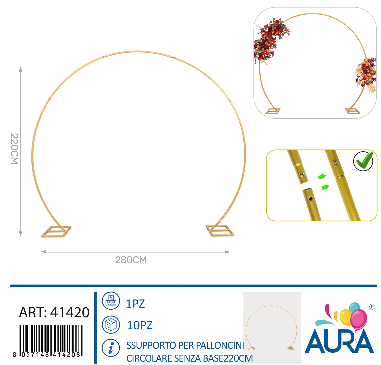 Supporto per palloncini circolare senza base 220cm oro