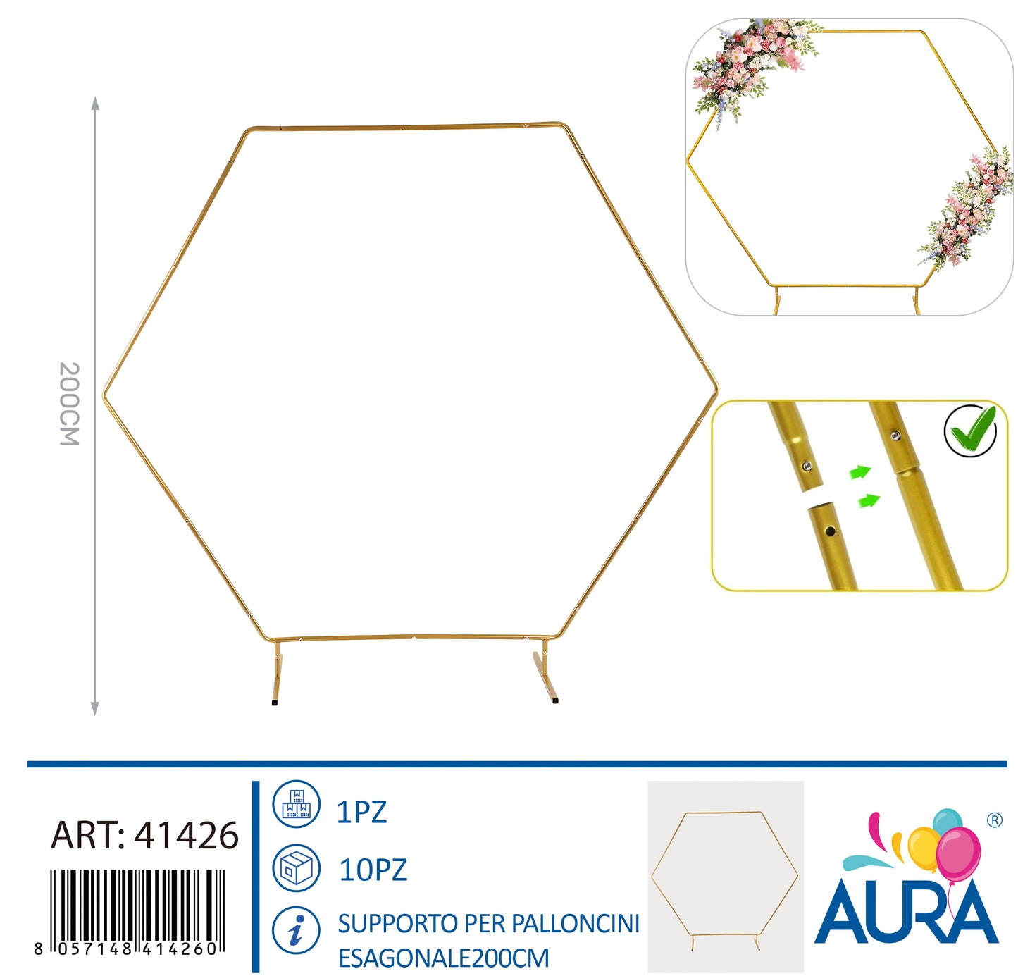 Supporto per palloncini esagonale 200cm oro