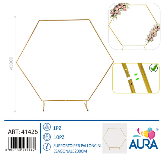 Supporto per palloncini esagonale 200cm oro