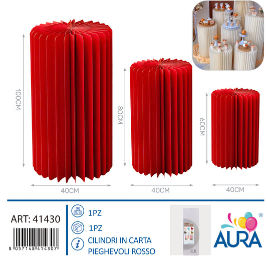 Set 3 cilindri in carta pieghevoli 40x60 - 40x80 - 40x100cm rosso
