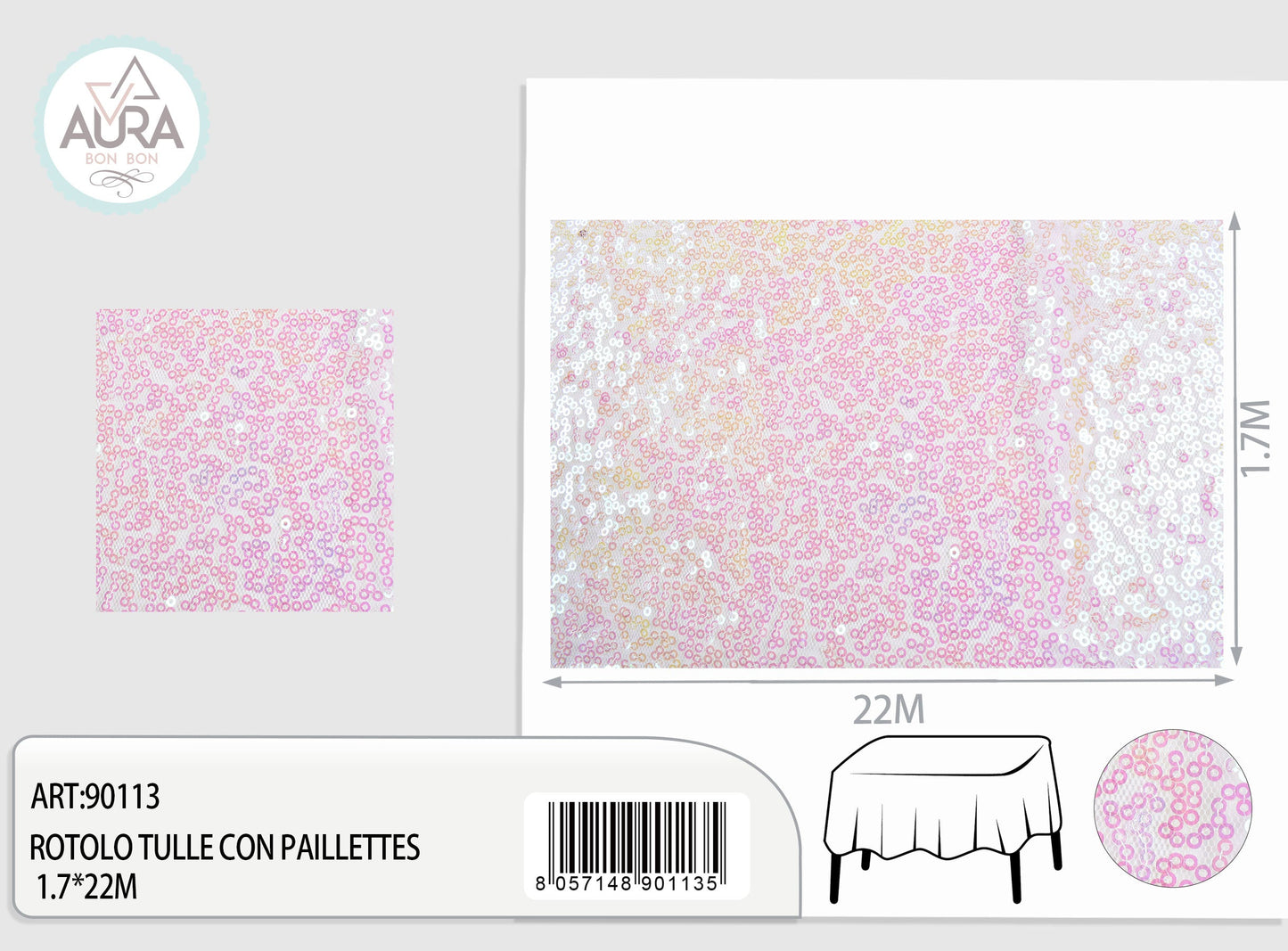 Tulle con paillettes 1,7m di larghezza iridescente