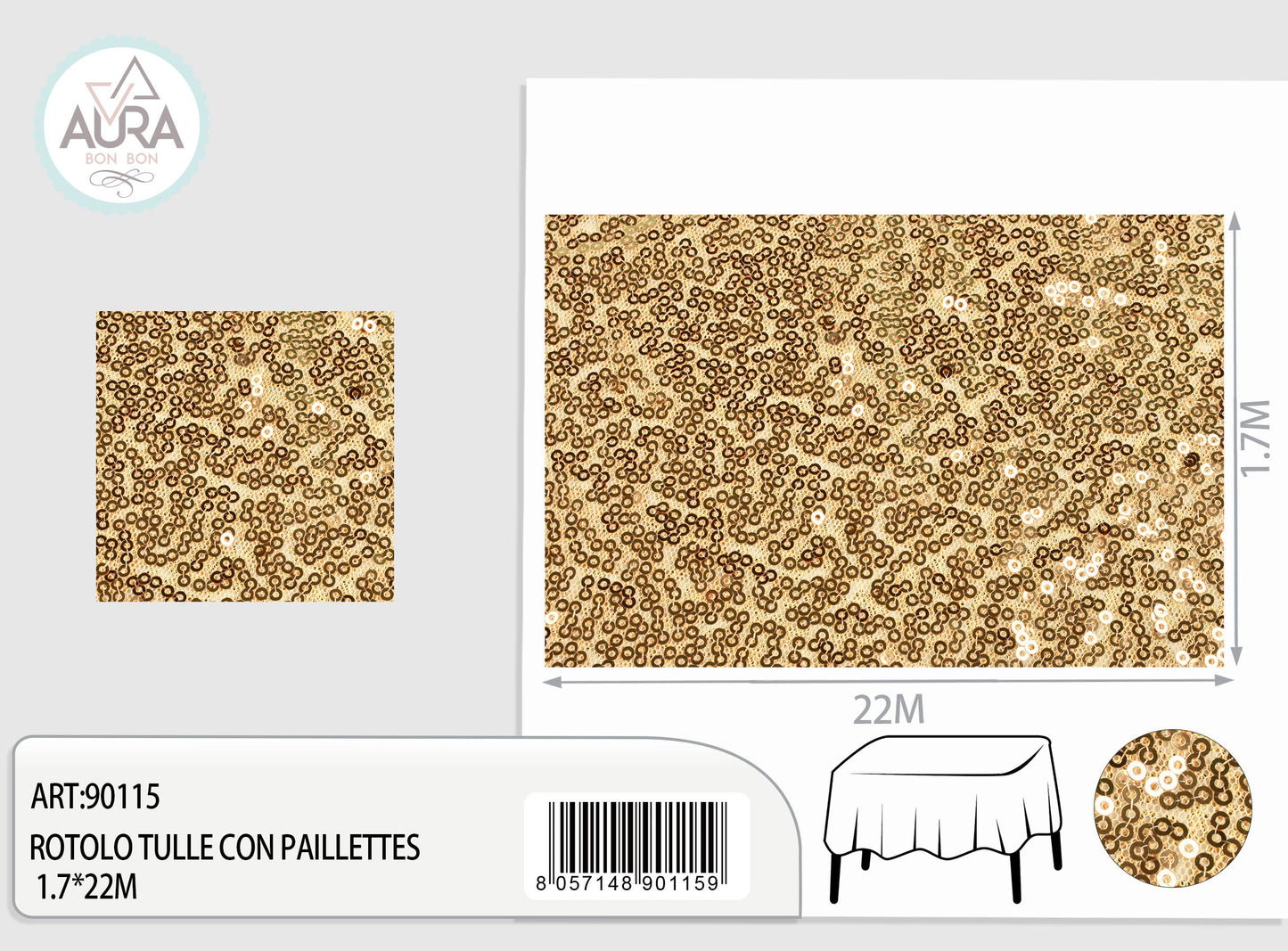 Tulle con paillettes 1,7m di larghezza oro