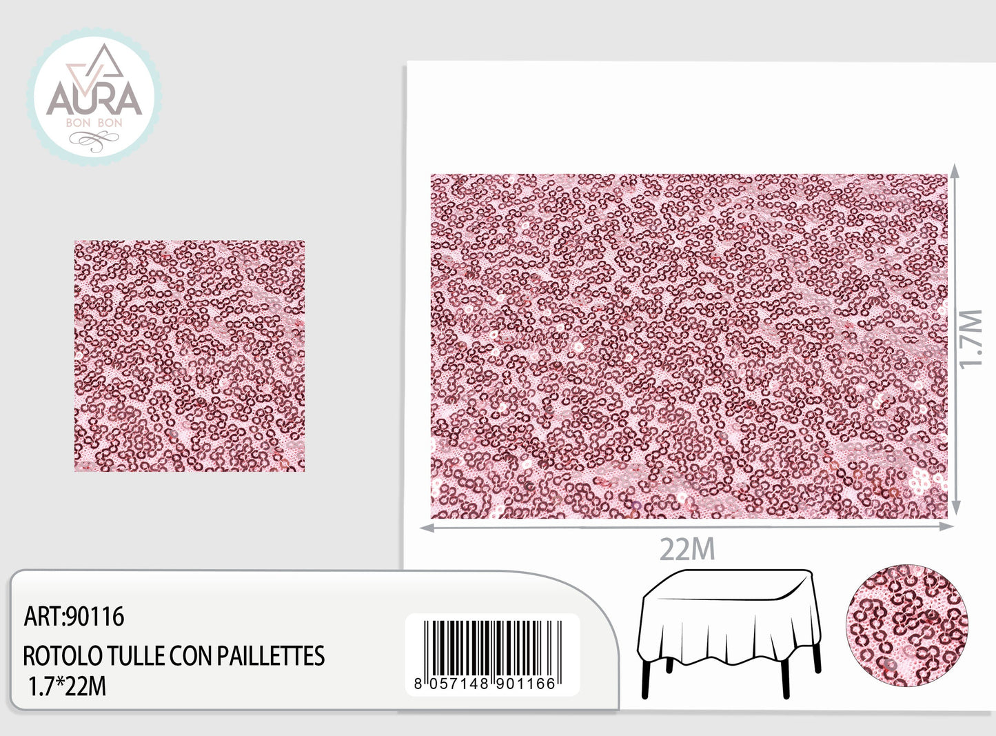 Tulle con paillettes 1,7m di larghezza rosa baby