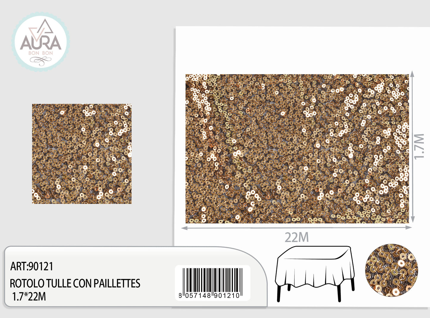 Tulle con paillettes 1,7m di larghezza nero oro