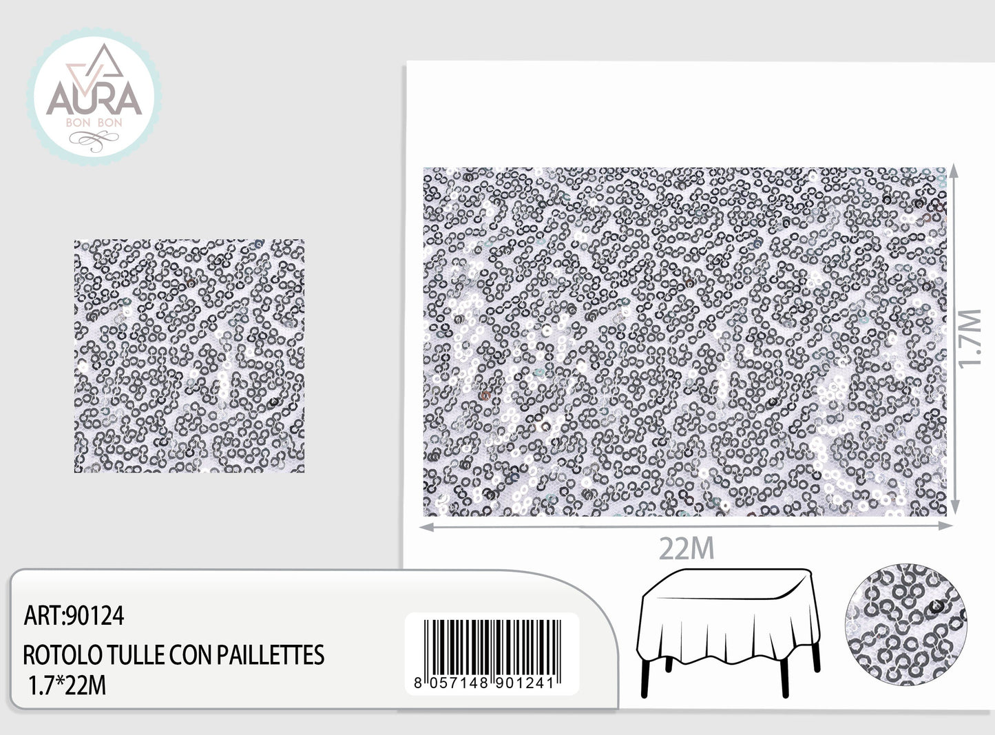 Tulle con paillettes 1,7m di larghezza argento