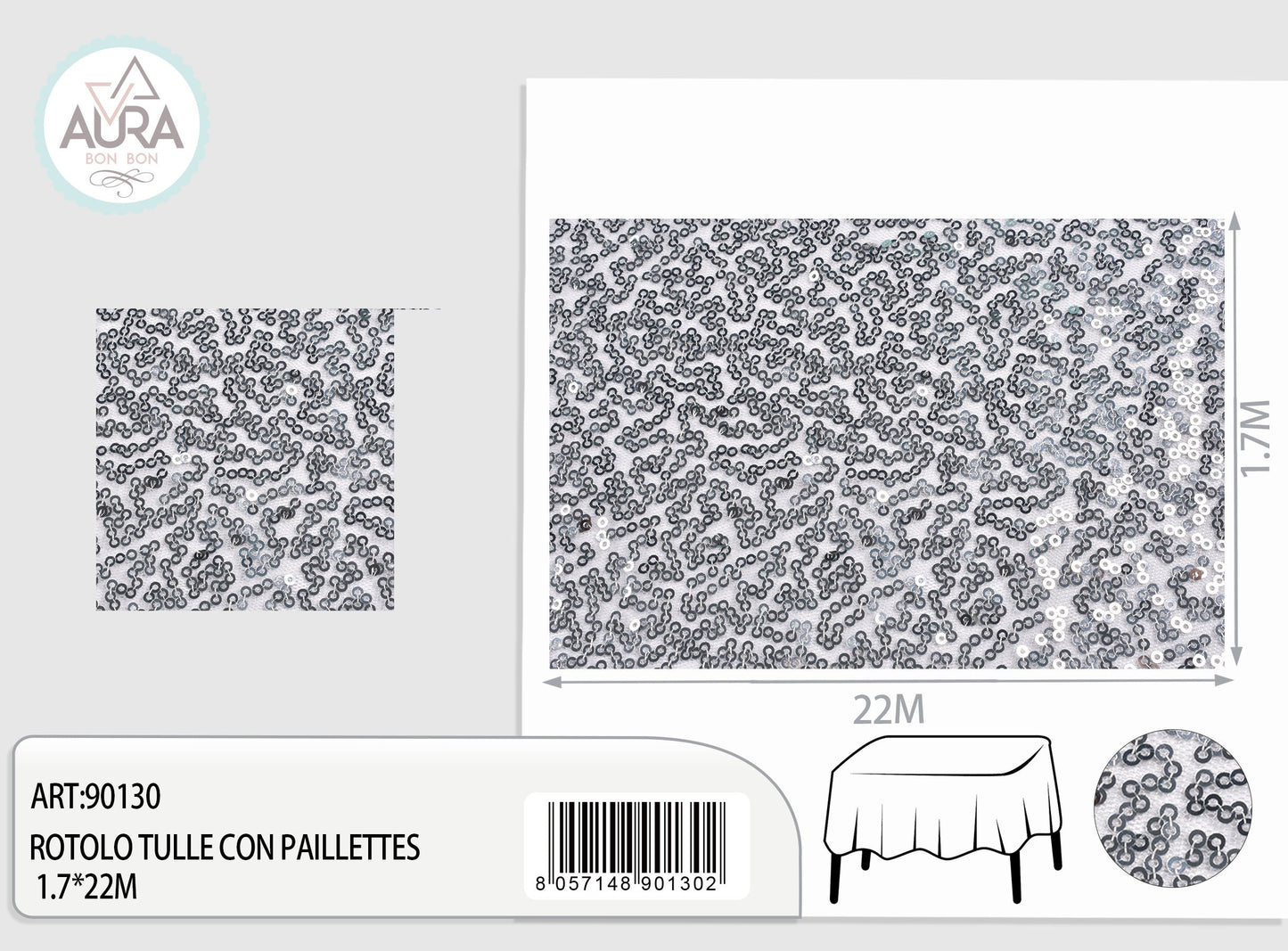 Tulle con paillettes 1,7m di larghezza grigio