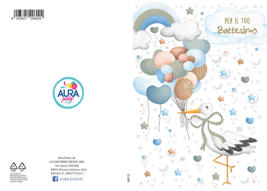 Biglietto di auguri per battesimo con cicogna bimbo