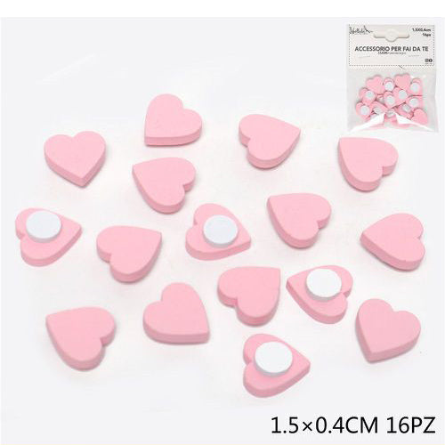 Cuori rosa in legno con adesivo 1,5cm 16pz