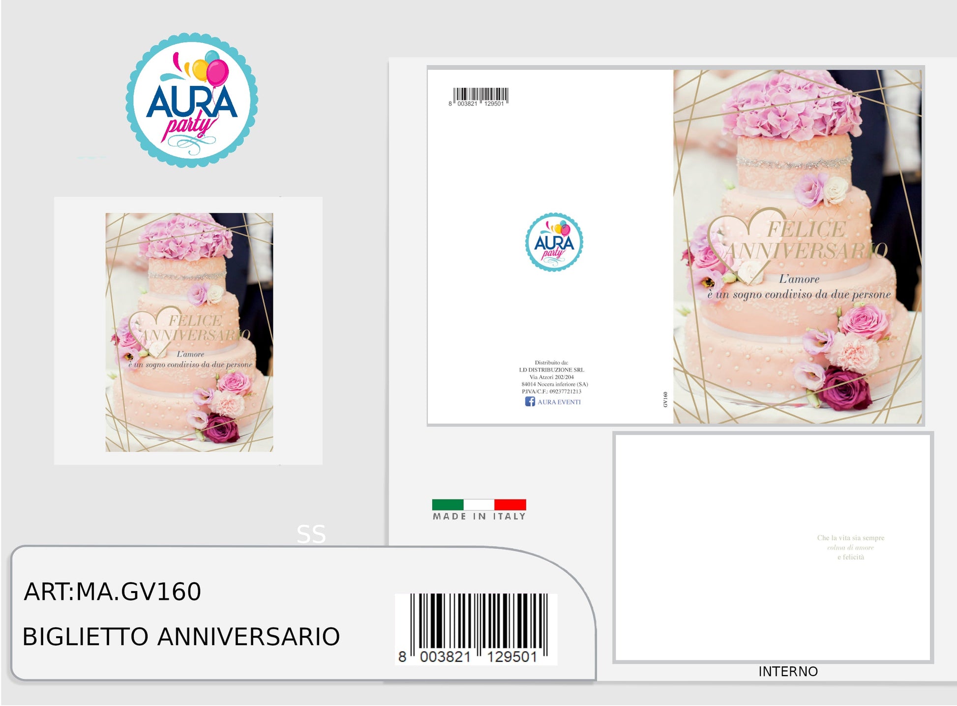 biglietto anniversario con fiori e torta